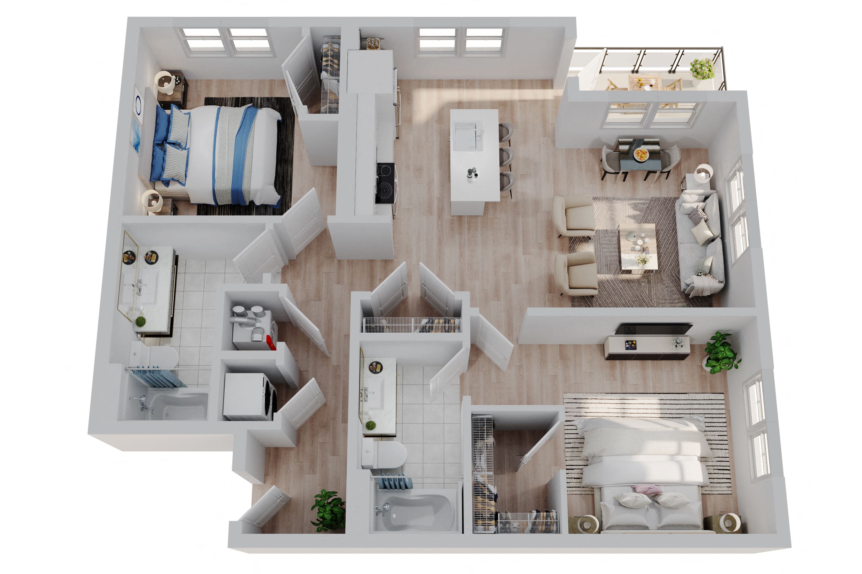 Floor plan for 2 beds, 2 baths, 1075 sqft